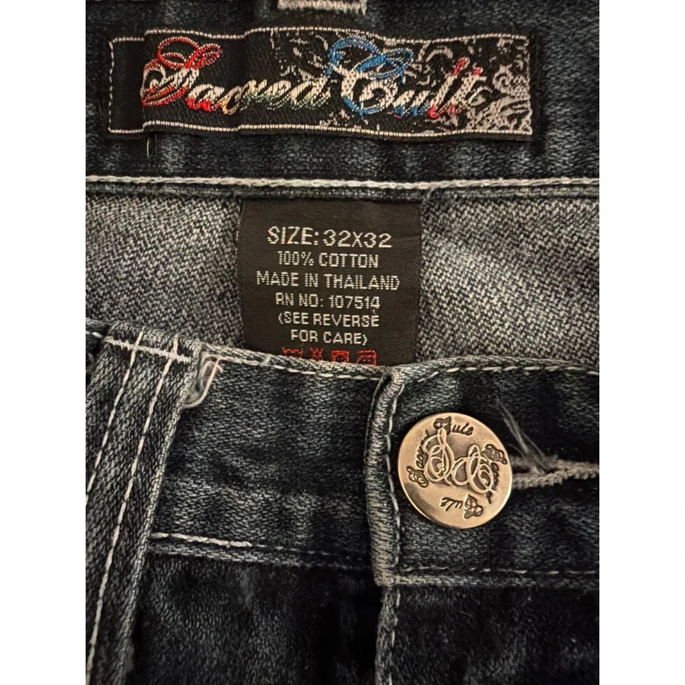 Sacred Cult Jeans Mens 32x32 Straight Graphic Skull Blue Streetwear 7th Y2K